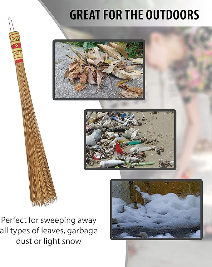 32 inch Multi-Surface Sturdy Outdoor Authentic Coconut Leaf Broom Asian Heavy Duty Broom Thai Natural Coconut Leaf Broom (Country Rustic) (1 Piece)
