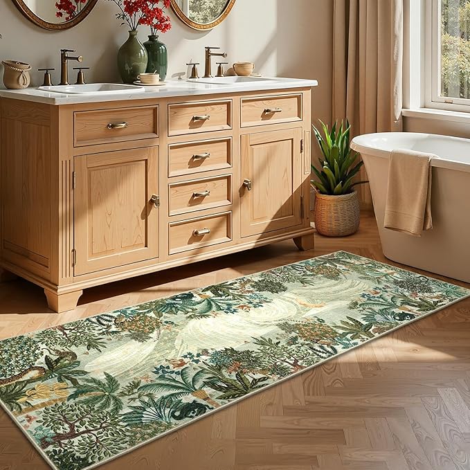 GarveeHome 2.5x8 Jungle Hallway Runner Rug, Soft Green Animal Long Kitchen Runner Non Slip Entryway Rug Farmhouse Thin Laundry Mat Stain Resistant Carpet for Bathroom Beside