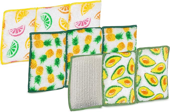 Smart Design Heavy Duty Scrub Sponge with Bamboo Odorless Rayon Fiber - Set of 9 - Ultra Absorbent - Soft & Metallic Scrub - Cleaning Dishes & Hard Stains - Kitchen - Pineapple, Citrus, Avocado Prints
