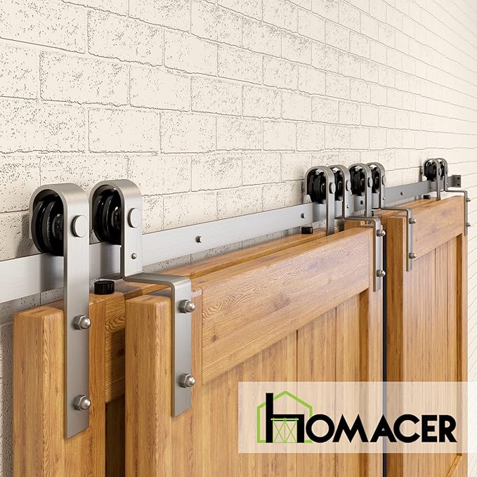 Homacer Brushed Nickel Single Track Bypass Sliding Barn Door Hardware Kit, for Four Doors, 7ft Long Flat Track, Classic Design Roller, (2 Flat+ 2 Bent Roller Set)