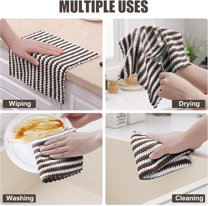 Homaxy 18 Pack Kitchen Dish Cloths, Ultra Soft and Absorbent Dish Towels, Reusable Fast Drying Microfiber Cleaning Cloth, Coral Velvet Wave Design Lint Free, 10 x 10 inches, Brown