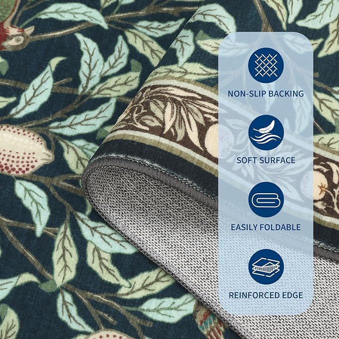 GarveeHome 8x10 Area Rugs for Living Room, Boho Leaf Rugs for Bedroom with Soft Low Pile, Non Slip Botanical Bird Large Washable Rug 8x10 for Dining Room Stain Resistant Navy Blue Throw Rug