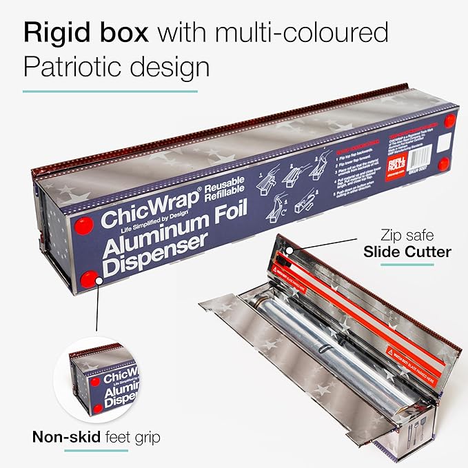 ChicWrap Patriotic Refillable Foil Dispenser - One 12"x 30' Roll of Professional Grade Aluminum Foil - Reusable Dispenser w/Slide Cutter - Kosher Certified - Reduces Waste & Saves Money