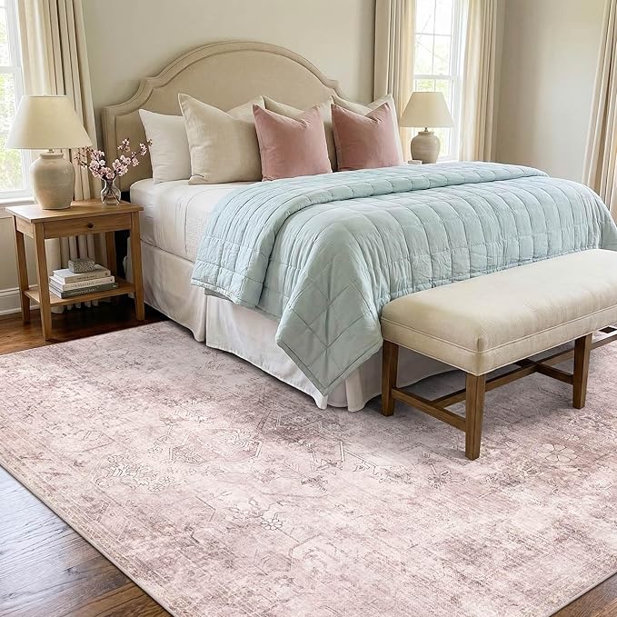 Vintage 8x10 Living Room Pink Rugs, Washable Large Area Rugs for Girls Bedroom, Dining Room, Kitchen, Non Slip Low Pile Soft Floor Cute Carpets for Kids Nursery, Classroom, Farmhouse, Office