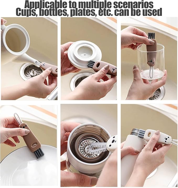 3 in 1 Cup Lid Gap Cleaning Brush Multifunctional Bottle Cleaning Brush for Water Bottle Cup Lid Gap for Gaps of Various Containers (Brown White（Bear）)