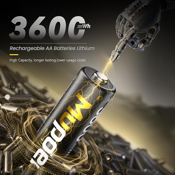 Rechargeable Lithium Batteries AA 8-Pack with Charger, 1.5V Double A Batteries 3600mWh, Long Lasting Rechargeable AA Li-ion Battery with Integrated Charging Storage Box - Golden