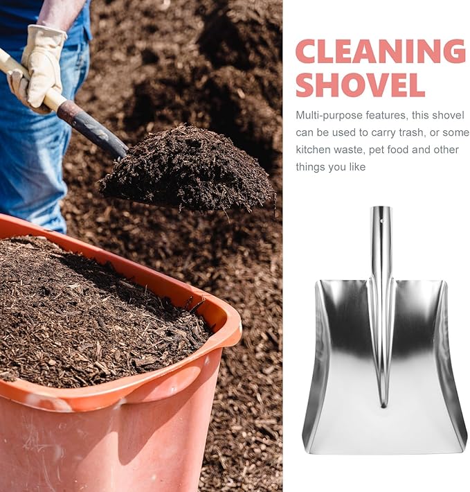 Metal Snow Shovel and Garbage Dustpan for Outdoor Cleaning Stainless Steel Square Head Snow Pusher for Driveway and Yard Heavy-Duty Metal Dust Shovel for and Debris Removal