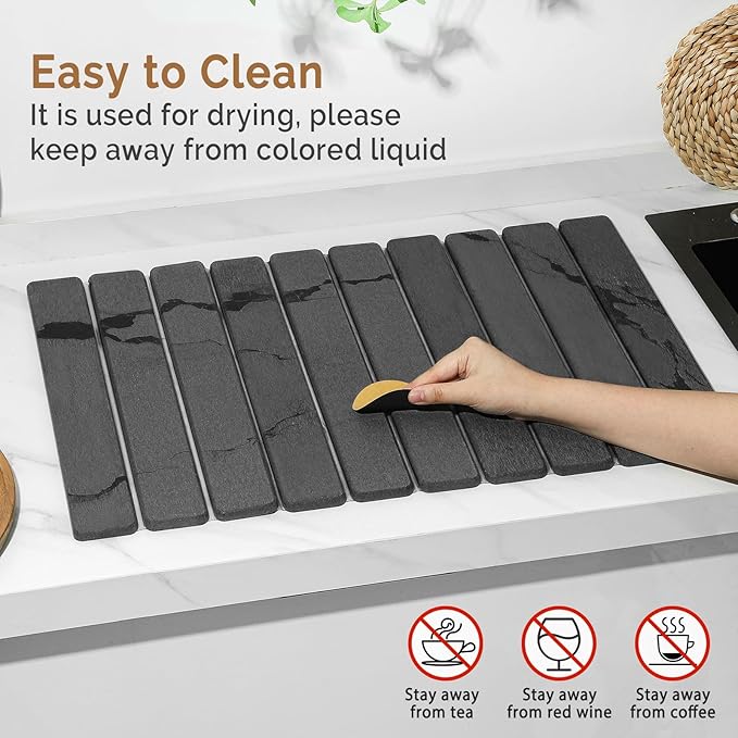 Large Stone Dish Drying Mat for Kitchen Counter, 2PCS Quick Dry Stone Dishes Mat,Foldable Water Absorbing Diatomaceous Drying Organizer Pad for Plate Rack Bottles Utensils(Dark Gray 24"×16" & 8"x4")
