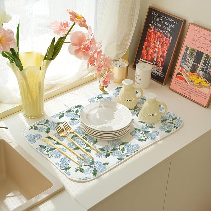 Blue Sage Green Hydrangea Dish Drying Mats 18x24 Inch Floral Mats Spring Holiday Kitchen Decor Absorbent Drying Dish Pad Rack Drainer Mats for Kitchen Dining Room