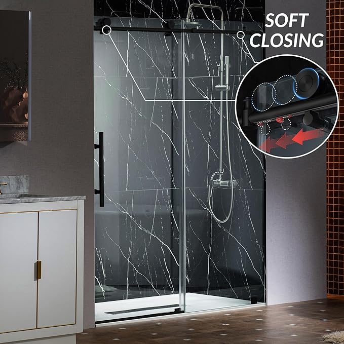 Woodbridge Frameless Single Sliding Shower Doors in Matte Black Finish, 45.5-48" Width x 76" Height with 3/8"(10mm) Clear Tempered Glass, Soft Close System and Explosion-Proof Film, BSDC4876-MB