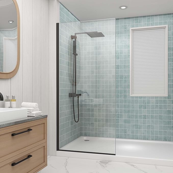 Sunrosa 32"×76" Shower Glass Panel,8mm Thick Shower Screen,Matte Black Semi-Frameless Bathroom Shower Door, Easy to Clean