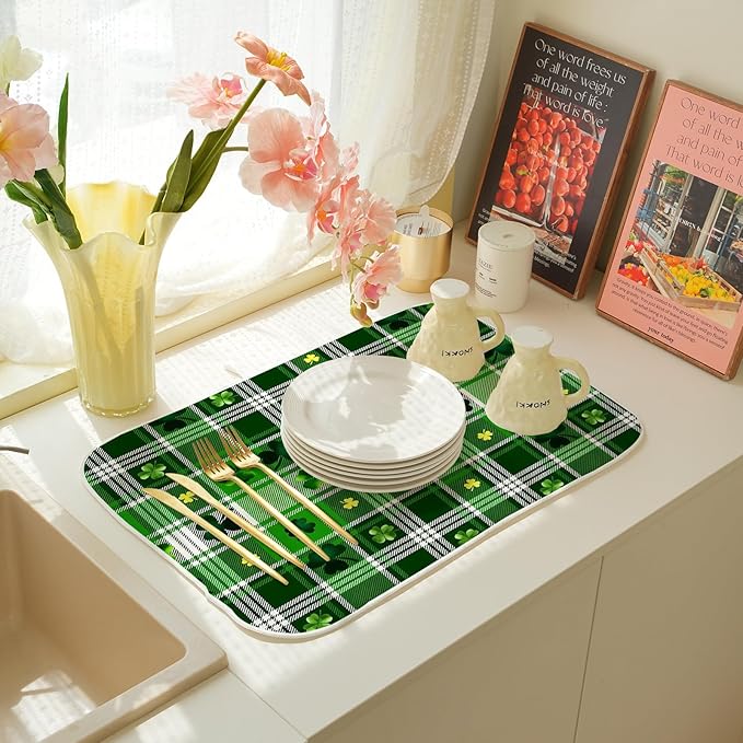 St. Patrick's Day Dish Drying Mat 18 x 24 Inch Green Buffalo Plaid Shamrock Drying Mat for Kitchen Counter Absorbent Spring Gold Green Clover Dishes Dry Pad for Drainer Rack Kitchen Fast Dry