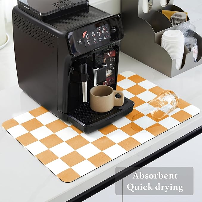 Checkered Dish Drying Mat for Kitchen Counter, Coffee Bar Station Accessories, Retro Cute Fall Aesthetic Modern Absorbent Drainer Mat Kitchen Drying Mat Easy Clean, Orange 12" x 19"