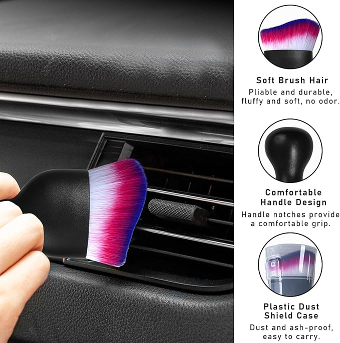 2PCS Car Interior Dust Brush, Soft Scratch Free Auto Detailing Brushes, Universal Vehicle Interior Cleaning Tool for Automotive Dashboard, Air Vents, Leather (White & Red & Blue)