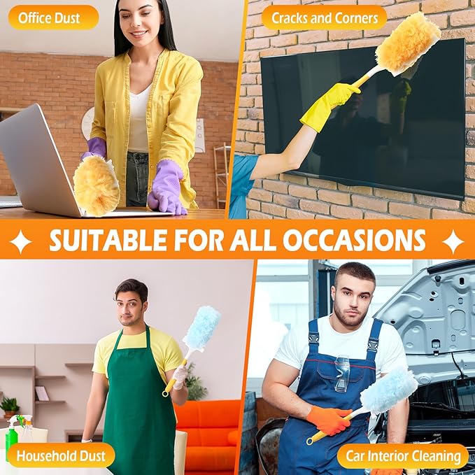 60 Pack Heavy Duty Duster Refills with 2 Handle 360 Microfibre Duster Replacement Head Disposable for Cleaning Blind Fan Furniture Electronics(Orange and Blue)