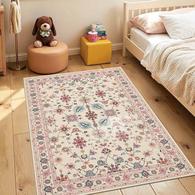 Floral Entryway Rug, 3x5 Washable Area Rug, Pink Boho Throw Rugs, Non Slip Low Pile Small Carpet for Bedroom, Girls Kids Room and Nursery Room(Pink 3x5ft)