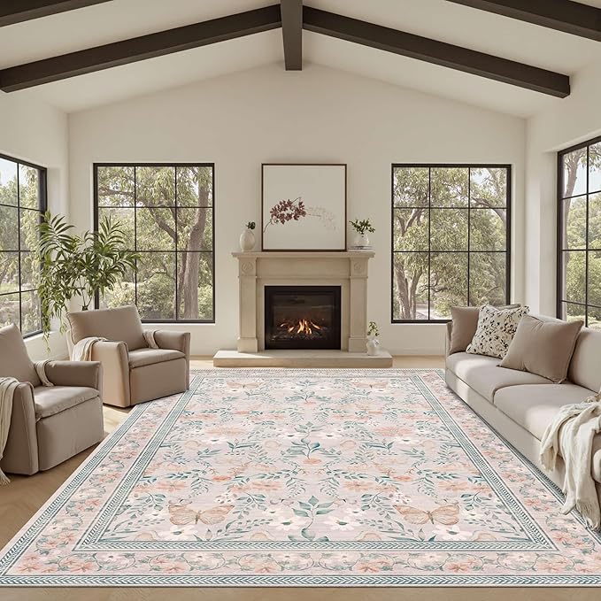 8x10 Pink Rugs for Bedroom Girls, Floral Washable Rug,Boho Area Rug, Large Non Slip Low Pile Flower Carpet for Indoor Dining Room,Girls Room,Nursery Room and Kids Room(Pink 8x10ft)