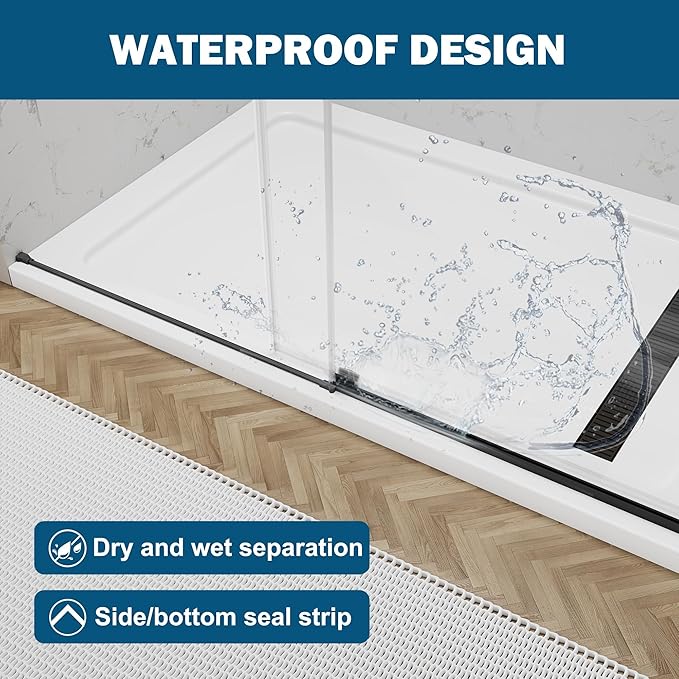 Frameless Sliding Shower Door 56–60" W x 76" H, 5/16" Tempered Glass with Dual-Sided Easy to Clean Coating, Shower Glass Door with SUS304 Stainless Steel Hardware & 20" Towel Rack, Matte Black