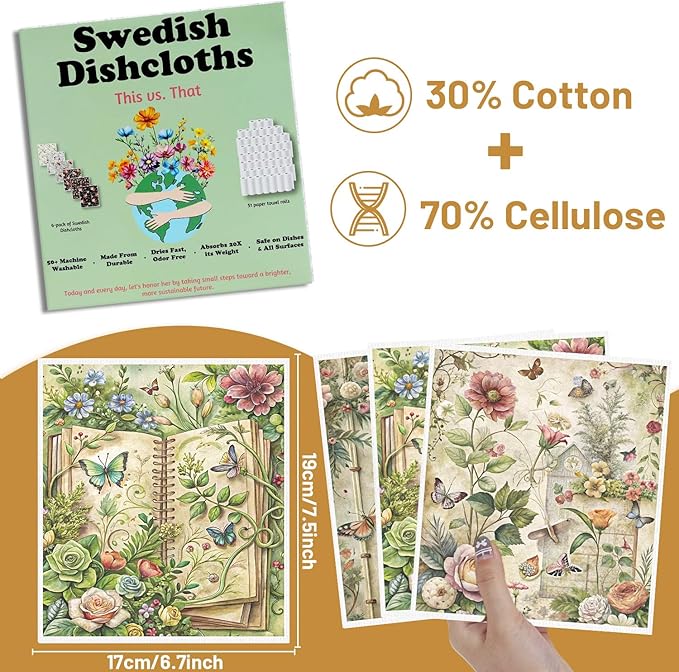Floral Swedish Dishcloths for Kitchen, 6 Pack Vintage Reusable Dish Paper Hand Towels Housewarming Gifts, Spring Absorbent Dish Rags for Home Cooking Cleaning