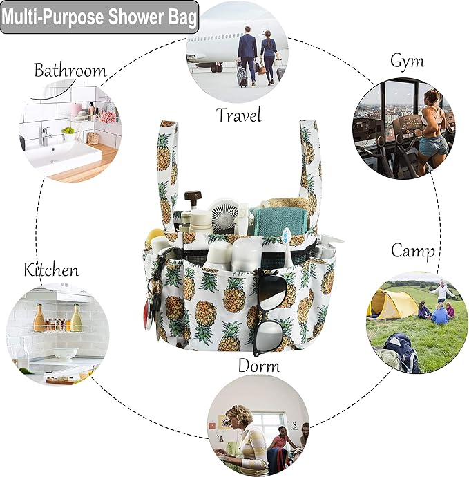 Haundry Portable Mesh Shower Caddy Bag, Large Basket Organizer with Key Hook for College Dorm Bathroom Camp Gym, Hanging Tote Bag with 8 Pockets (Pineapple)