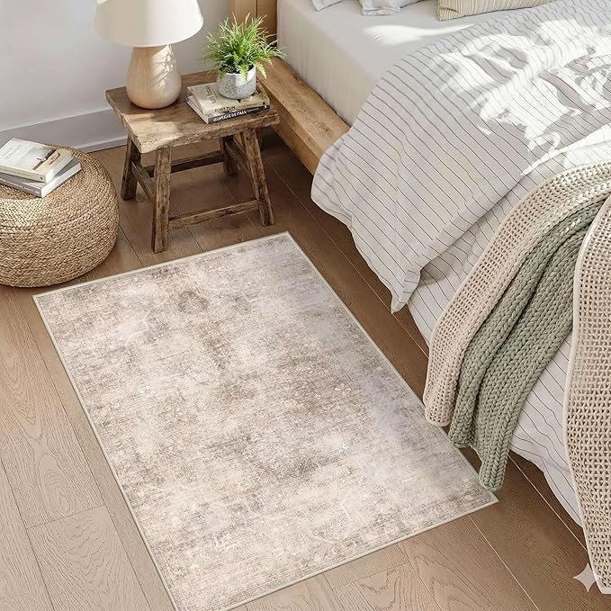 2x3 Beige Brown Entryway Rug, Small Neutral Area Rugs For Kitchen,Bedroom,Laundry, Vintage Washable Entry Doormat,Indoor Hallway Distressed Throw Rug, Low Pile Carpets For Bathroom Dorm Office