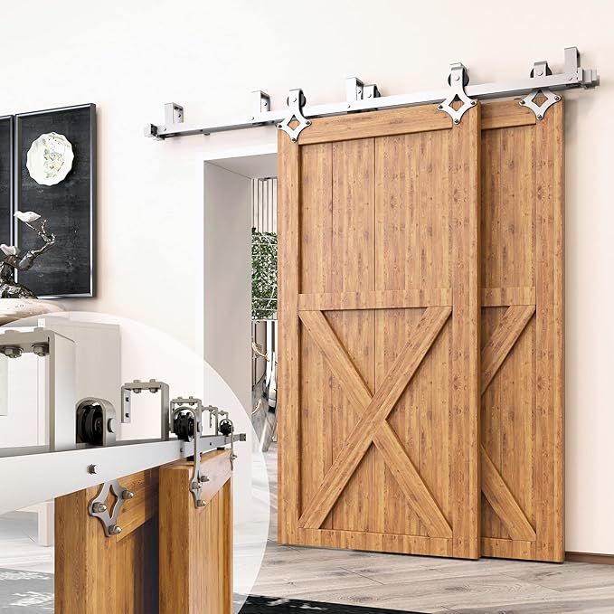 Homacer Brushed Nickel Double Track U-Shape Bypass Sliding Barn Door Hardware Kit, for Two/Double Doors, 10ft Long Flat Track, Diamond Design Roller