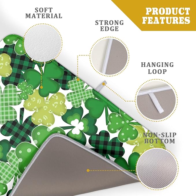 Khope St Patrick's Day Dish Drying Mat for Kitchen Counter 18x24 Inch Green Shamrock Reusable Washable Lucky Clover Plaid Drying Pad Countertop Home Decor