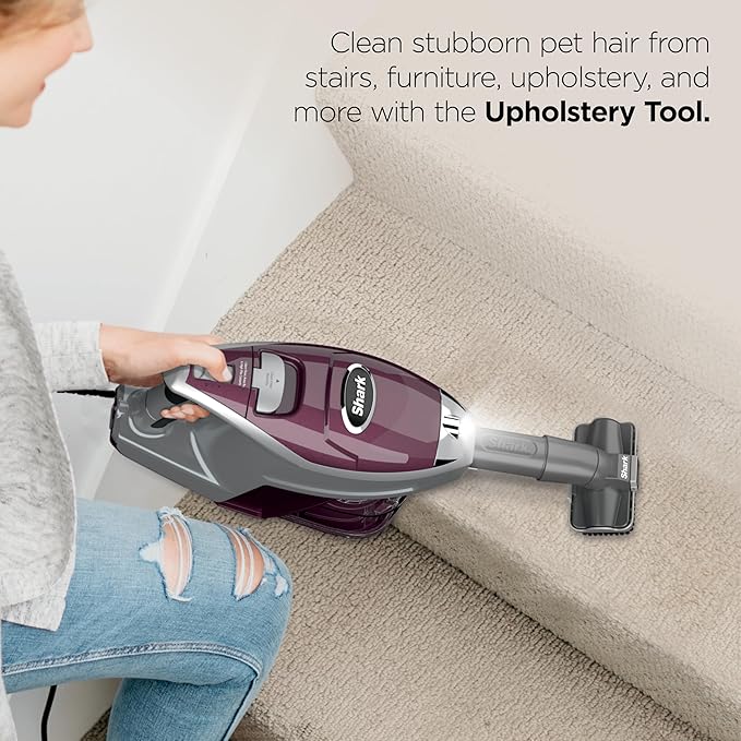 Shark HV322 Rocket Pet Plus Corded Stick Vacuum with LED Headlights, XL Dust Cup, Lightweight, Perfect for Pet Hair Pickup, Converts to a Hand Vacuum, with (2) Pet Attachments, Bordeaux/Silver