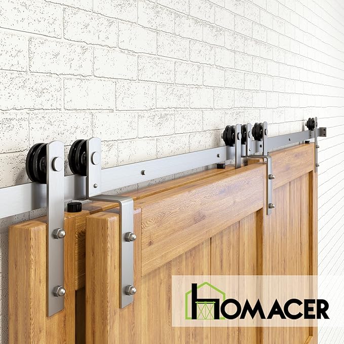 Homacer Brushed Nickel Single Track Bypass Sliding Barn Door Hardware Kit, for Three Doors, 11ft Long Flat Track, StraightDesign Roller, (2 Flat+ 1 Bent Roller Set)