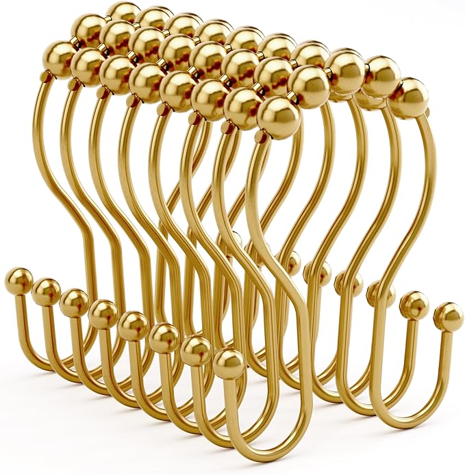 Shower Curtain Hooks, Shower Curtain Rings Rust Proof Double Hook Shower Curtain Hooks, 12 Pcs Dark Gold Shower Hooks for Shower Curtain, Shower Rings for Curtain, Metal Shower Rod Hooks