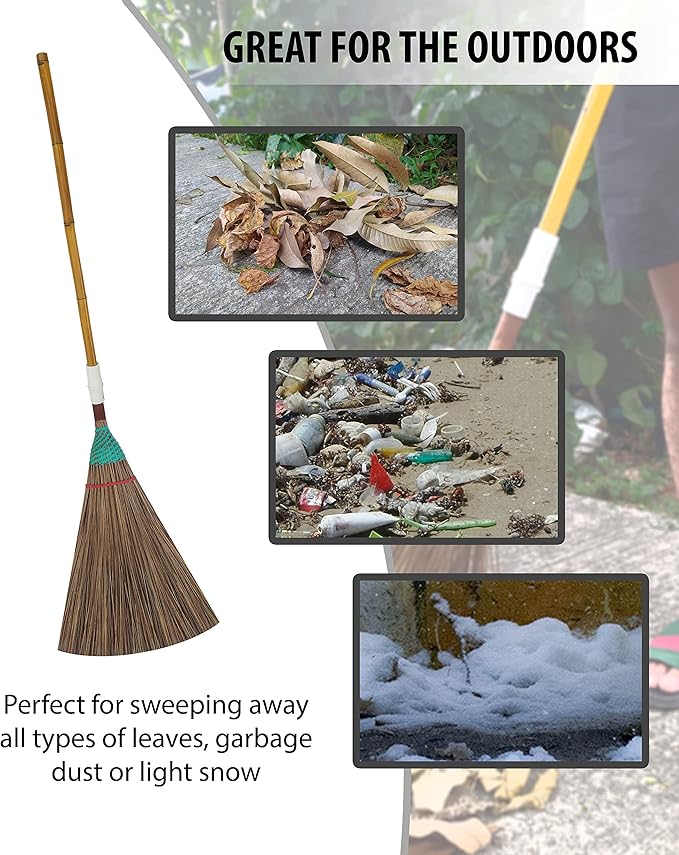 Natural Coconut Leaf Broom - 61 Inch, Multi-Surface Outdoor Broom - Sweeps Snow & Wet Leaves - Sturdy Bamboo Handle - Asian Heavy Duty