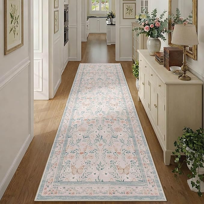 2'6" x 8' Floral Runner Rug, Washable Runners for Hallways, Pink Vintage Boho Kitchen Rugs, Non Slip Hallway Runner Carpet for Indoor Hallway, Kitchen, Laundry Room and Bathroom