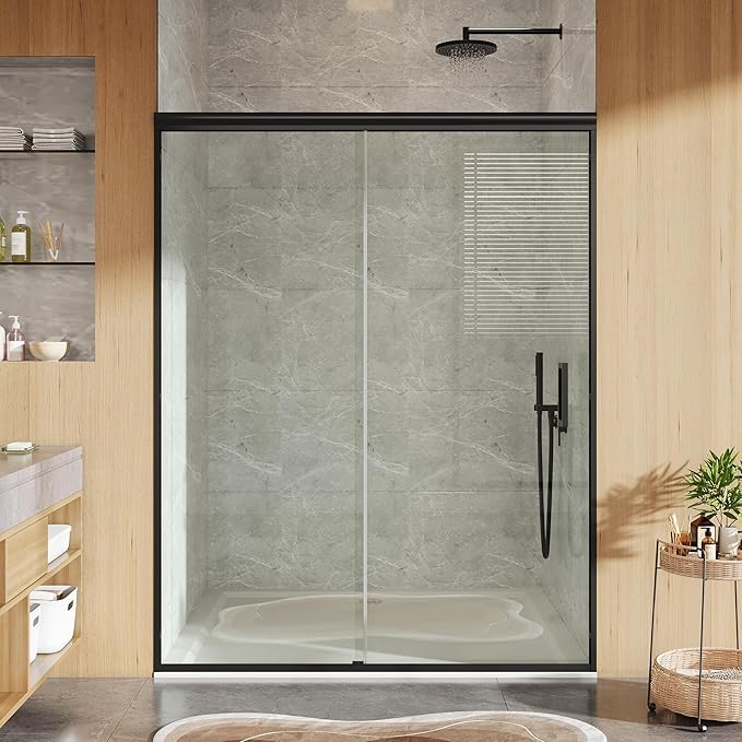 Sliding Shower Door, 44-48" Width x 72" Height, Bypass Single Sliding Design, 6mm (1/4") SGCC Tempered Glass, Brushed Nickel Finish with Matte Black Aluminum Alloy Track
