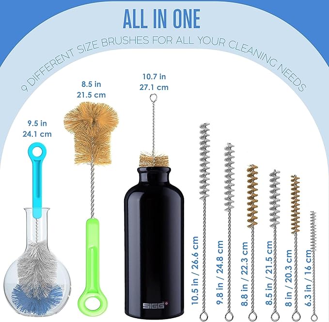 Houseables Bottle Brushes, Water Bottle Cleaner Brush Set, Hydroflask Cleaning Kit, Cup Cleaner Brush, Glass Brushes for Washing Glasses, Cup Scrubber, for Straw, Tumbler, Decanter, Flexible, 9 PK