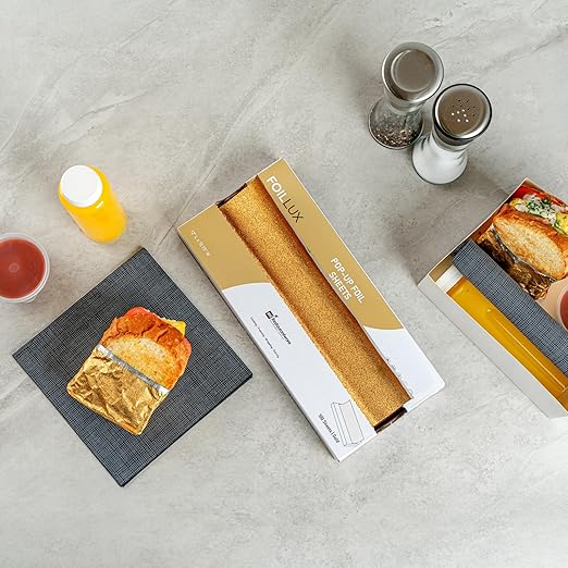 Restaurantware-Foil Lux 12 x 10.8 Inch Pop-Up Foil Sheets, 100 Disposable Foils Papers For Food - Orange Peel Embossing, Interfolded, Gold Aluminum Foils Sheets, Greaseproof, Freezable, Oven Ready