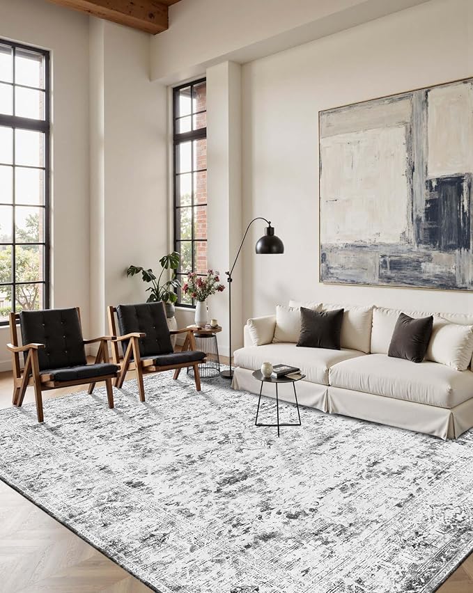 Area Rugs 5x7, Washable Grey Rugs for Living Room, Bedroom, Vintage Boho Indoor Soft Carpet for Dining Room, Low Pile Rugs for Office, Farmhouse