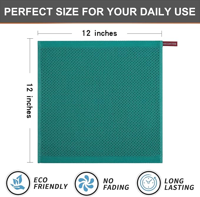 Kitinjoy 100% Cotton Kitchen Dish Cloths (12 X 12 Inches, Teal), 12 Pack Waffle Weave Ultra Soft Absorbent Dish Towels for Drying Dishes Quick Drying Kitchen Towels Dish Rags