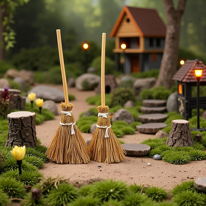5Pcs Witch Broom, Miniature Broom Props Artificial Mini Broom Fairy Hopuse, Mini Straw Broom Fairy Micro Landscape Decoration Witch Broom Sweeping
