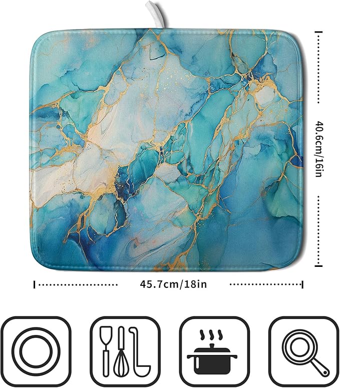 Marble Print Dish Drying Mat for Kitchen Counter,Blue Teal Turquoise Gold Drying Mat 16 x 18 Inch with Absorbent Reversible Microfiber Drying Pad for Coffee Bar