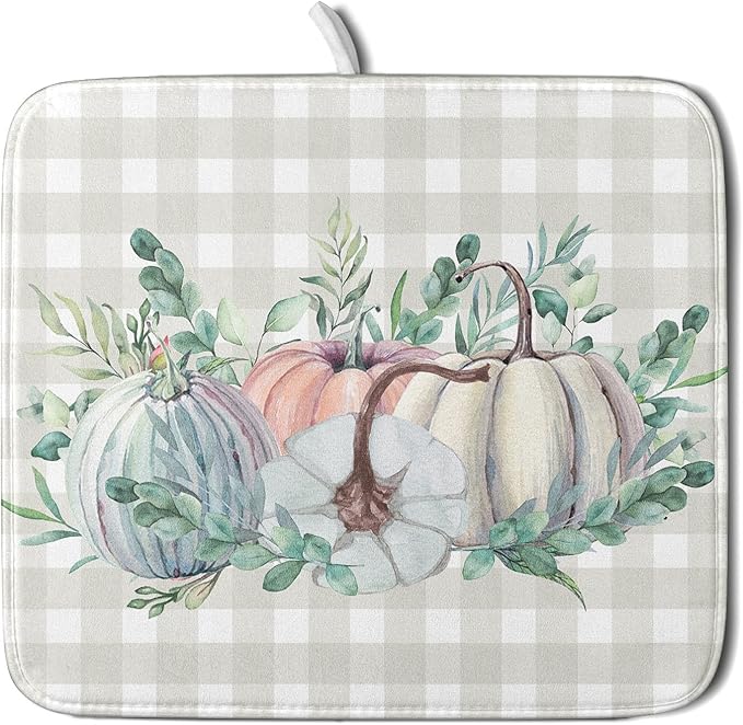 Fall Colorful Pumpkin Dish Drying Mat for Kitchen Counter,Green Leaves Drying Mat with Hanging Loop 16 x 18 Inch Microfiber Grey White Check Plaids Dish Drying Pad Dish Rack Drainer Mat for Coffee Bar