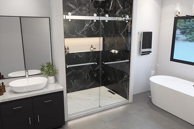 Twinglide VITRA-200 Frameless Shower Door 56.5-59" Width x 78" Height with 3/8" (10mm) Clear Tempered Glass (Chrome Double Towel Bars)