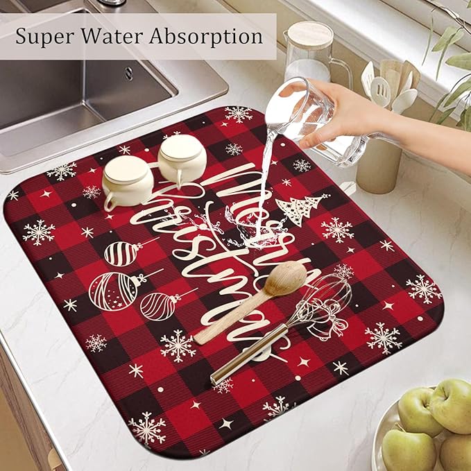Christmas Kitchen Countertop Dish Drying Mat, Red Christmas Buffalo Plaid Pattern Microfiber Kitchen Drying Mat, Washable Absorbent Countertop Xmas Winter Holiday Dish Mat Drainer,16x18 Inch