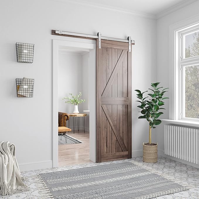 SMARTSTANDARD 5 Feet Brushed Nickel Barn Door Hardware Kit-Heavy Duty Sliding Track-Smoothly and Quietly-Easy to Install-Fit 30" Wide Door Panel (J Shape Hanger)