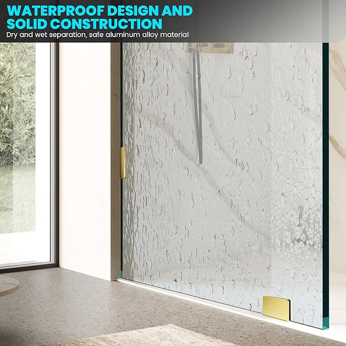 Bathroom Glass Shower Door Panel, 30" W x 78" H Fixed Frameless Shower Doors with Clamps, 3/8"(10mm) Thick Clear Tempered Glass Shower Screen Single Panel for Walk in Shower (Brushed Gold)
