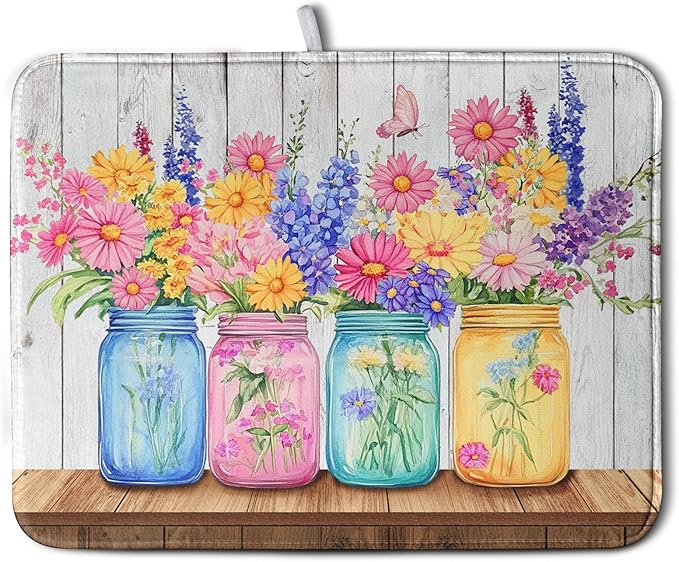 Daisy Dish Drying Mat for Kitchen Counter Spring Summer Flowers Vases Dishes Pad Microfiber Absorbent Dish Draining Mats Rustic Farmhouse Floral Wooden Board Dish Drainer Rack Mat 18x24 Inch