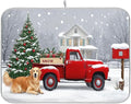 Christmas Tree Truck Dish Drying Mat for Kitchen Countertop 18x24 Winter Snow Poinsettia Golden Retriever Large Drying Mat Reusable Quick Dry Dish Sink Mats Easy Clean Decorative Essentials
