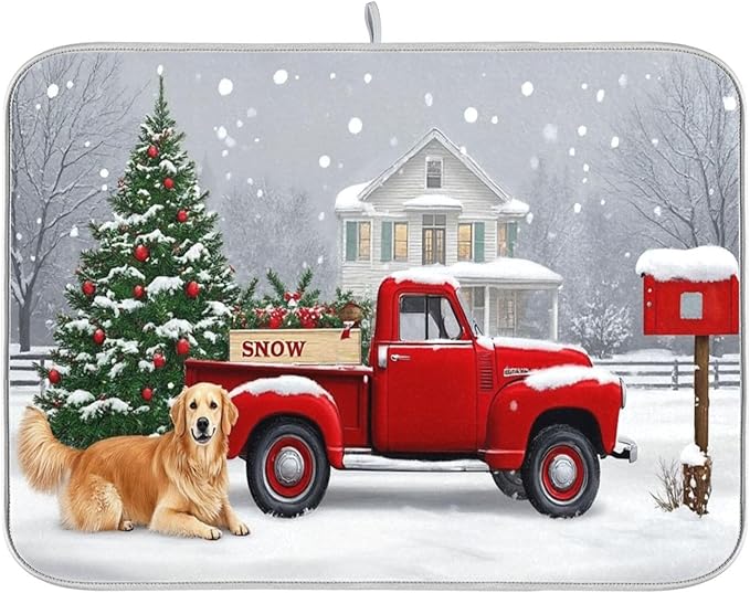 Christmas Tree Truck Dish Drying Mat for Kitchen Countertop 16x18 Winter Snow Poinsettia Golden Retriever Small Drying Mat Reusable Quick Dry Dish Sink Mats Easy Clean Decorative Essentials