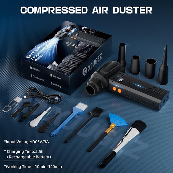 Compressed Air Duster with Flashlight,180000RPM Electric Air Duster,4-Gear with Display High-Speed Electric Duster with Multi-Purpose Nozzles for Computer, Keyboard, Outdoor, House and Car