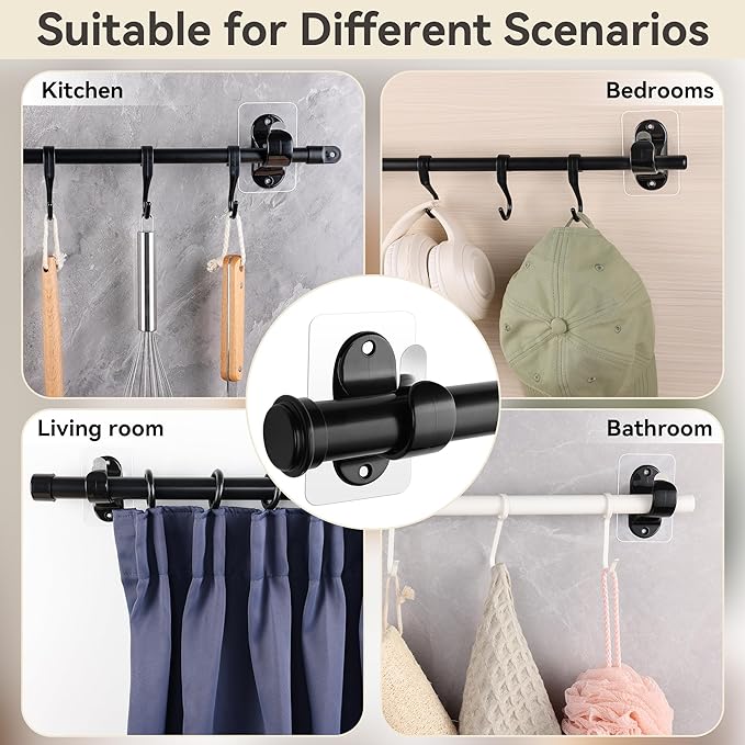 ANDGOO 18 Pack No Drill Curtain Rod Brackets, Renter Friendly Self Adhesive Curtain Rod Holders, Heavy Duty No Drilling Curtain Rod Hooks for Apartment Bedroom Bathroom Dorm Classroom Kitchen (Black)
