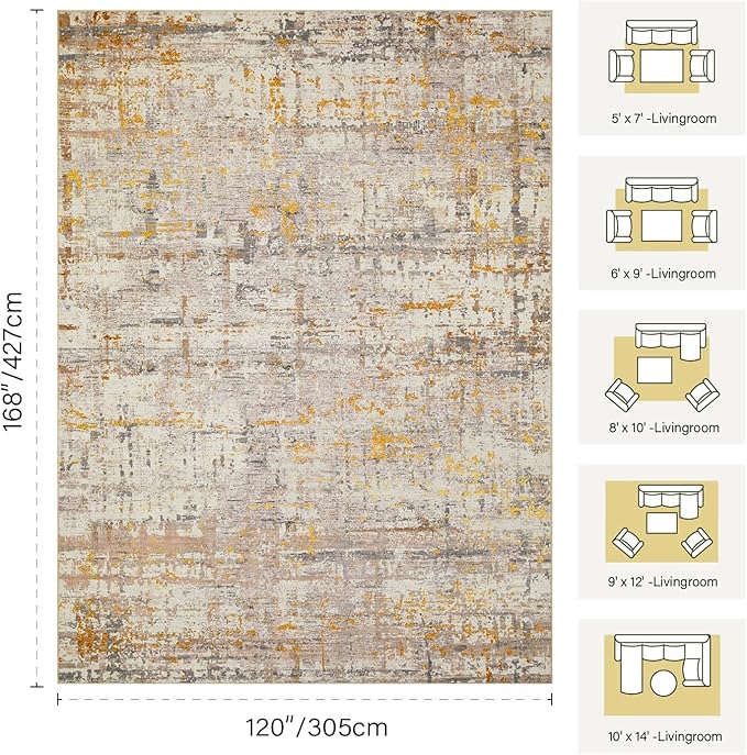 10x14 Extra Large Washable Area Rug, Soft Abstract Vintage Rug for Living Room, Bedroom, Office, Farmhouse, Low Pile Imitation Wool Non Slip Carpet Ideal for High-Traffic Areas, Beige Gold
